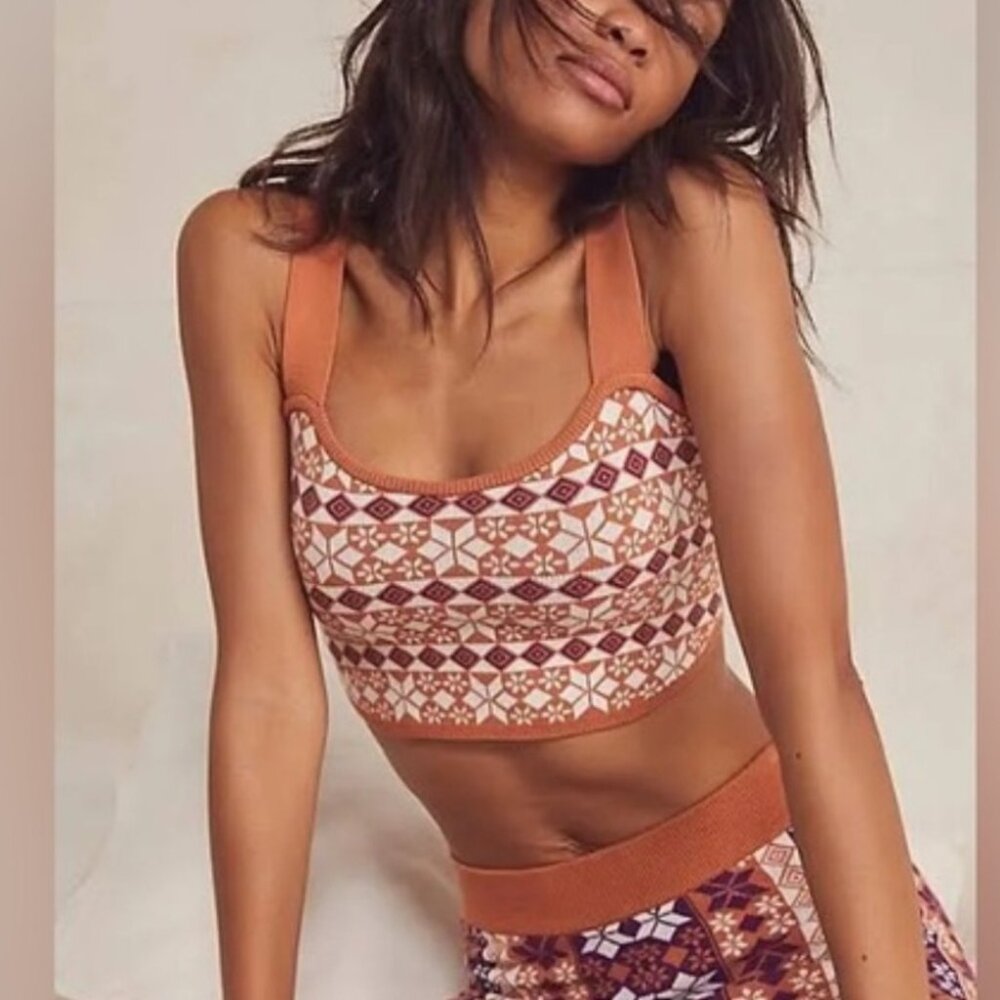 Intimatley Free People Away With Me Brown and White Patterned Knit Crop Top